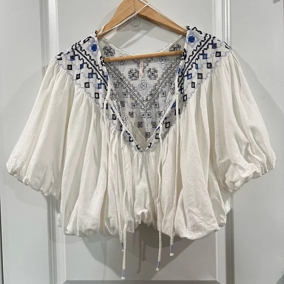 Free People Ivory Blouse with Navy Embroidery - Picture 6 of 11